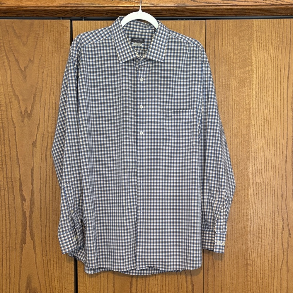 Van Heusen Blue White and Light Brown Plaid Men's Shirt
